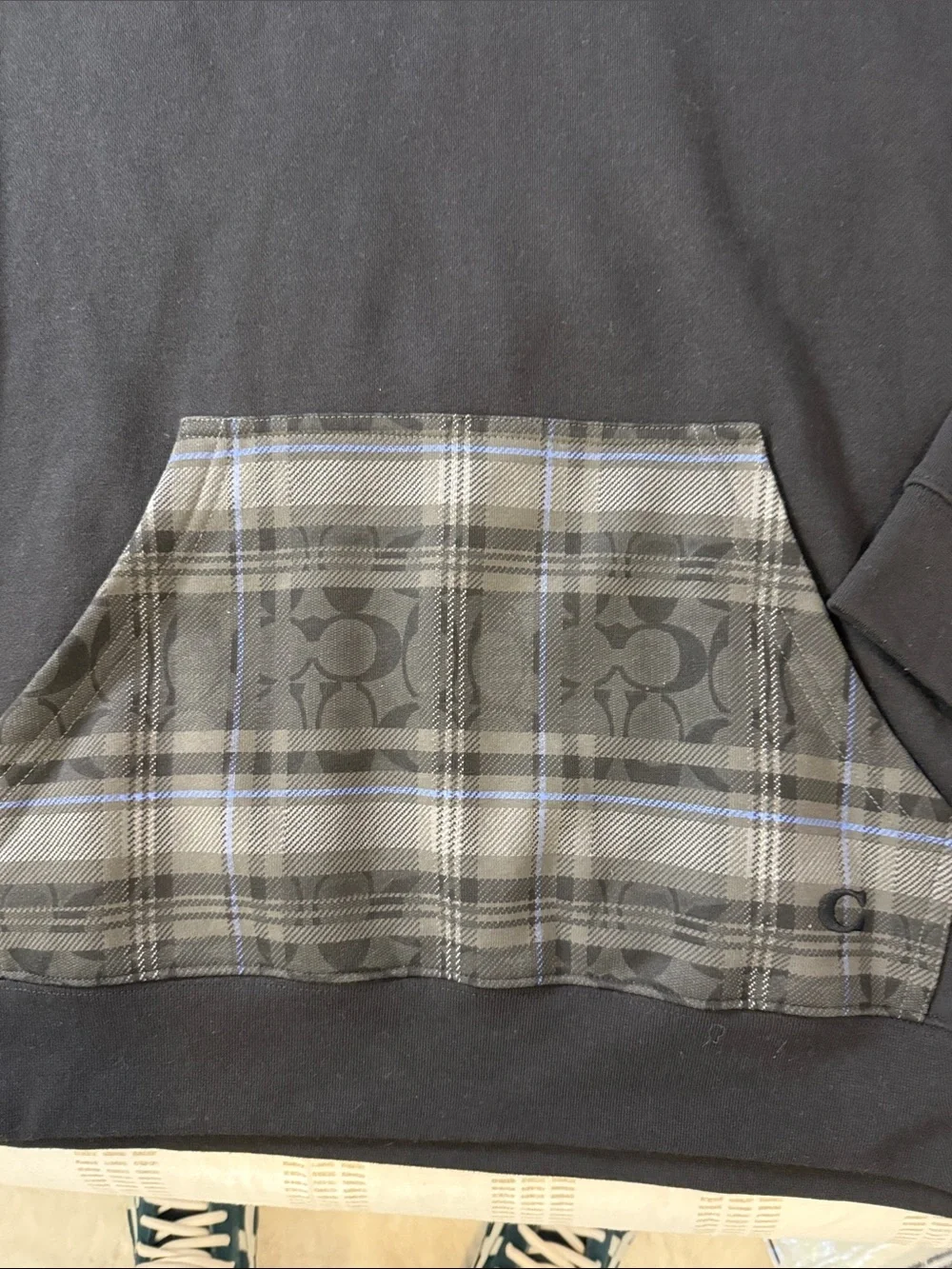 Coach Black Hoodie with Gray Plaid Pocket - Men's Pullover - Picture 2 of 5